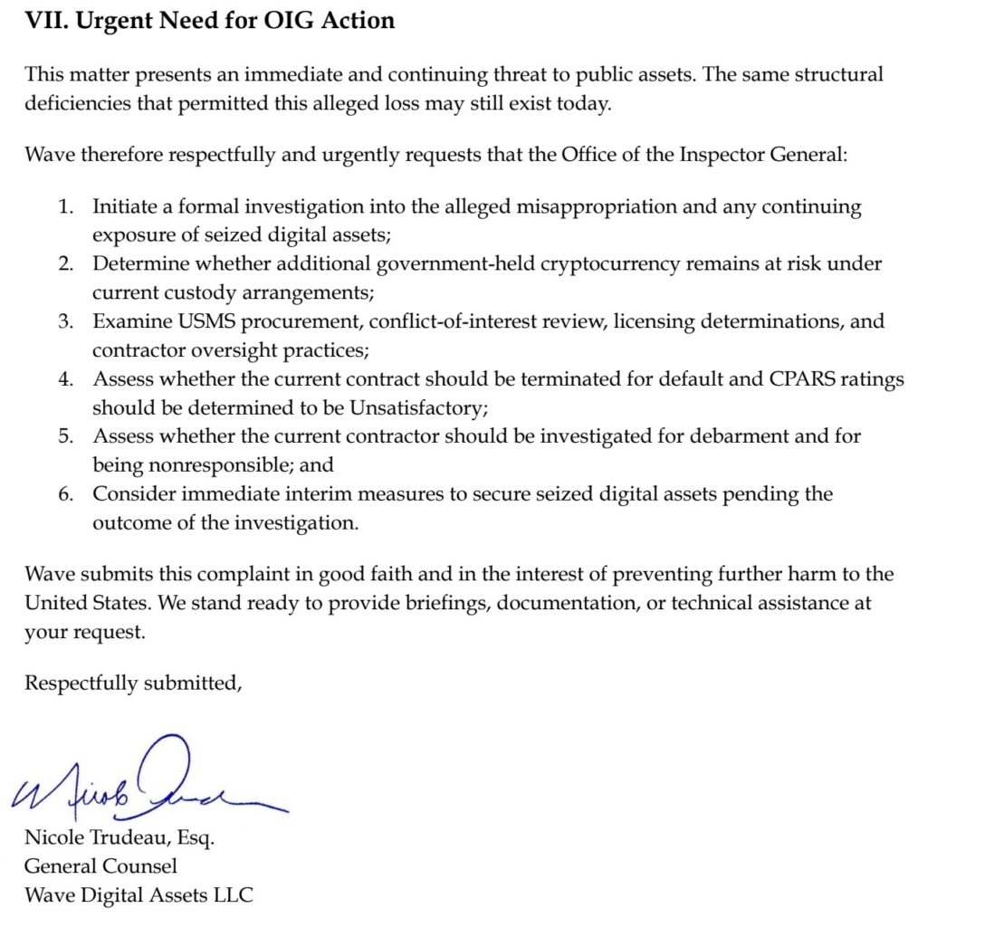 Wave Digital Assets Submits Urgent Formal Complaint to U.S. Department of Justice Office of the Inspector General